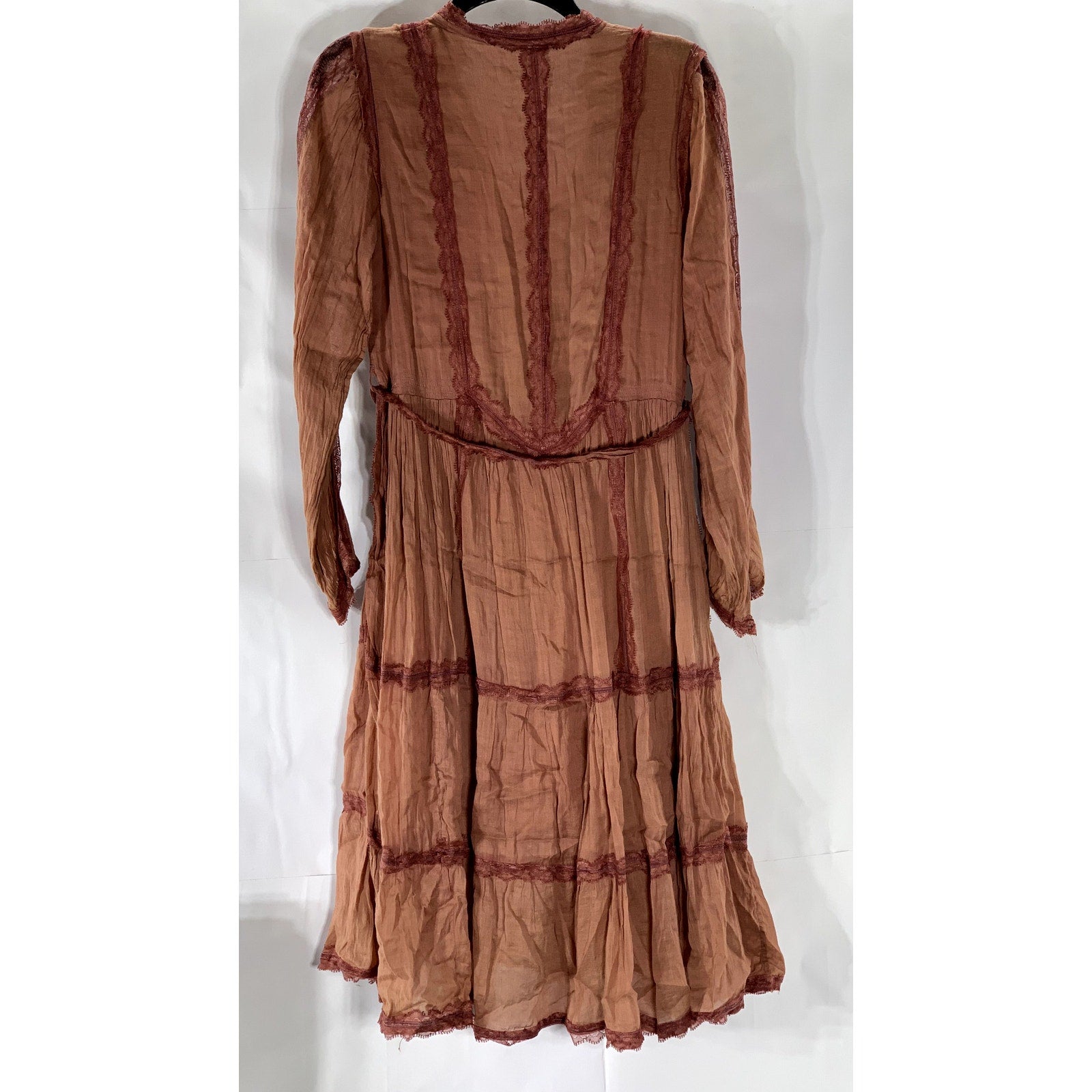 UNBRANDED Women's Burnt Orange Lace-Trim V-Neck Tiered Tie-Waist Midi Dress SZ S