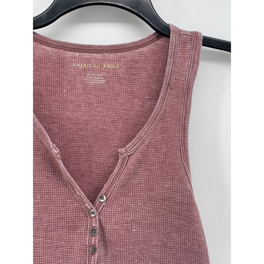 AMERICAN EAGLE Women's Mauve Distressed Waffle-Knit Henley Tank Top SZ XS
