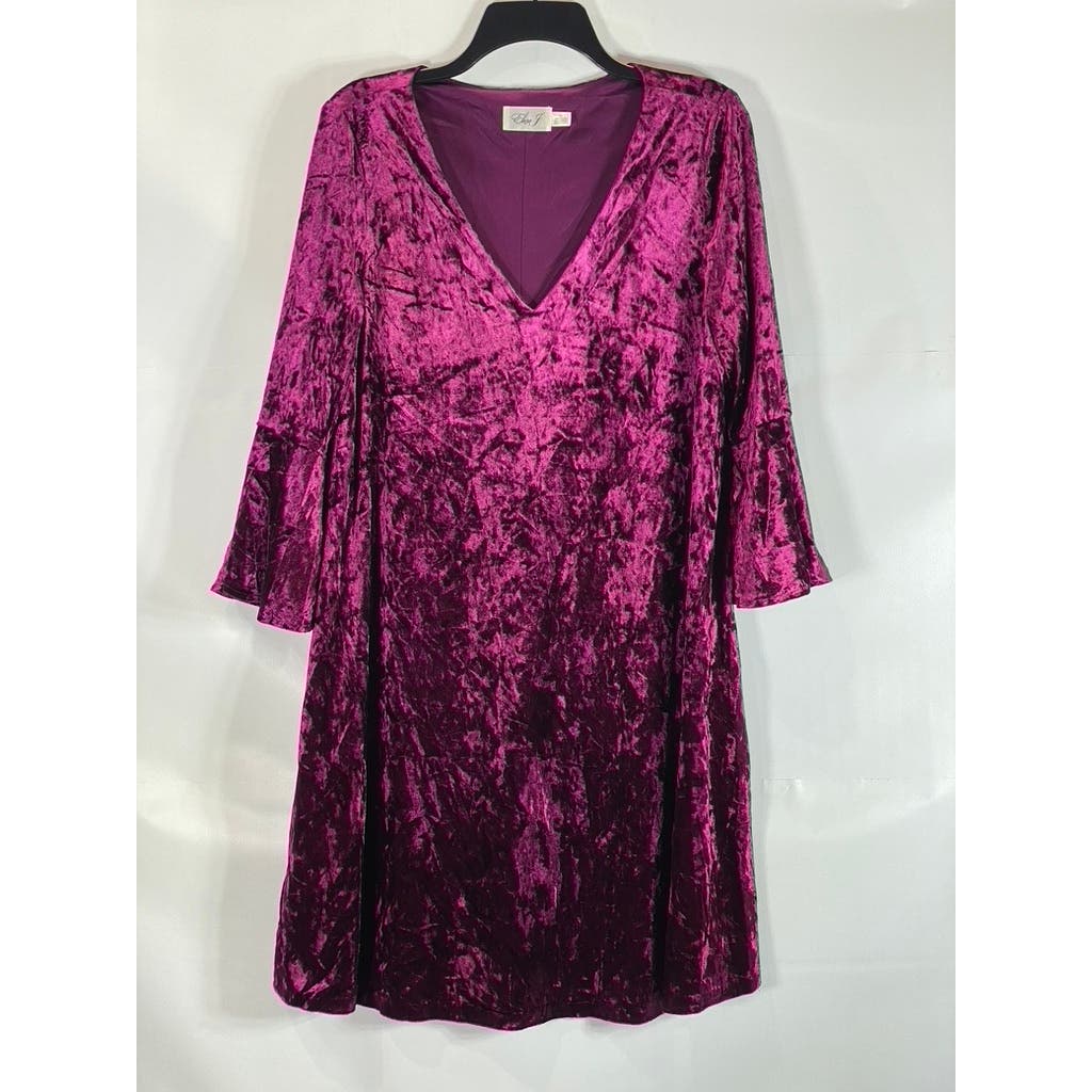 ELIZA J Women's Magenta Crushed Velvet V-Neck Bell Sleeve Mini A-Line Dress SZ16