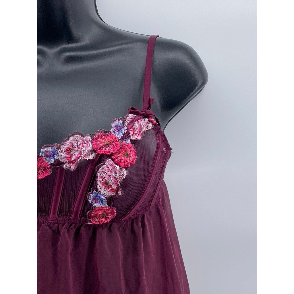 VICTORIA'S SECRET Women's Burgundy Floral Mesh Spaghetti Strap Night Gown SZ XS