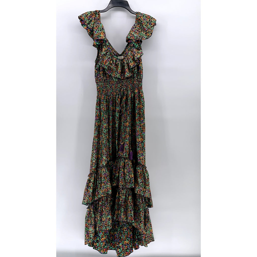 PURPLE QUEEN Women's Green Printed Ruffle Short Sleeve Maxi Dress SZ S