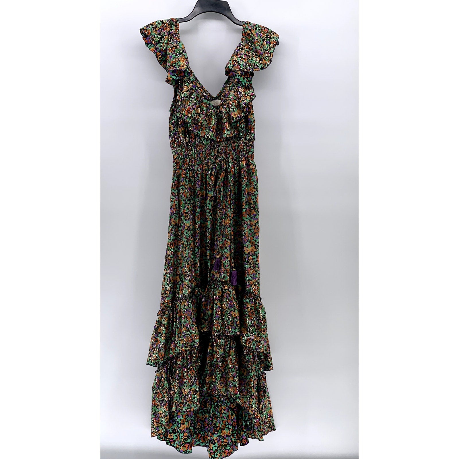 PURPLE QUEEN Women's Green Printed Ruffle Short Sleeve Maxi Dress SZ S