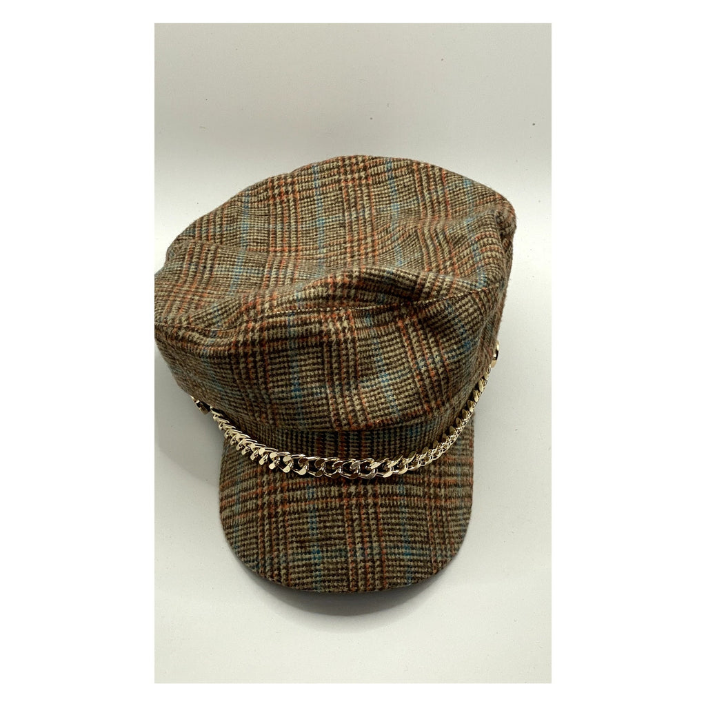 ZARA ACCESSORIES Women’s Tan Houndstooth Chain Detail Newsboy Hat SZ M