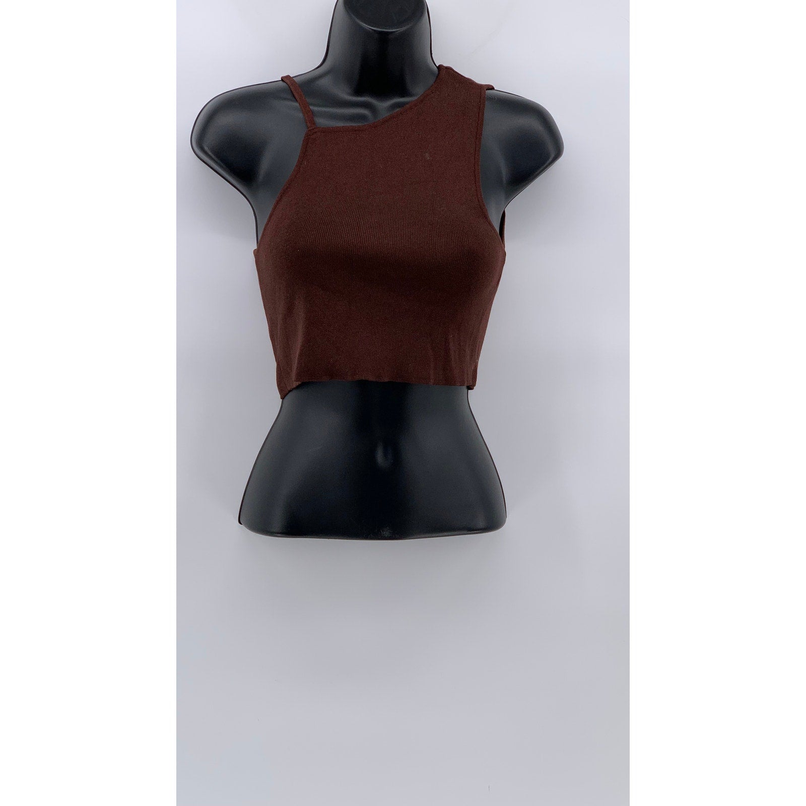 ZARA Women's Brown Ribbed High-Neck One-Sleeve Cropped Tank Top SZ S