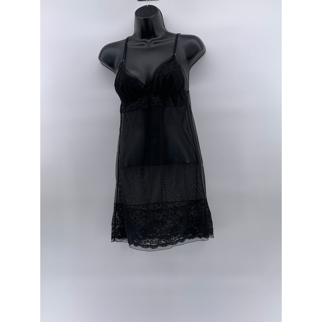 UNBRANDED Women's Black Lace Trim Sheer V-Neck Spaghetti Strap Night Gown SZ S
