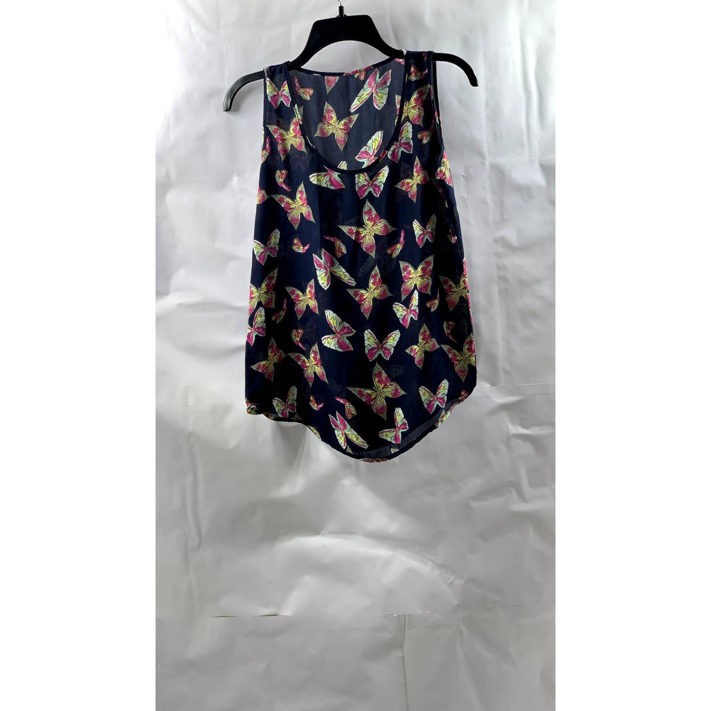 UNBRANDED Women’s Navy Sheer Scoop-Neck Butterfly Print Sleeveless Tank Top SZ S