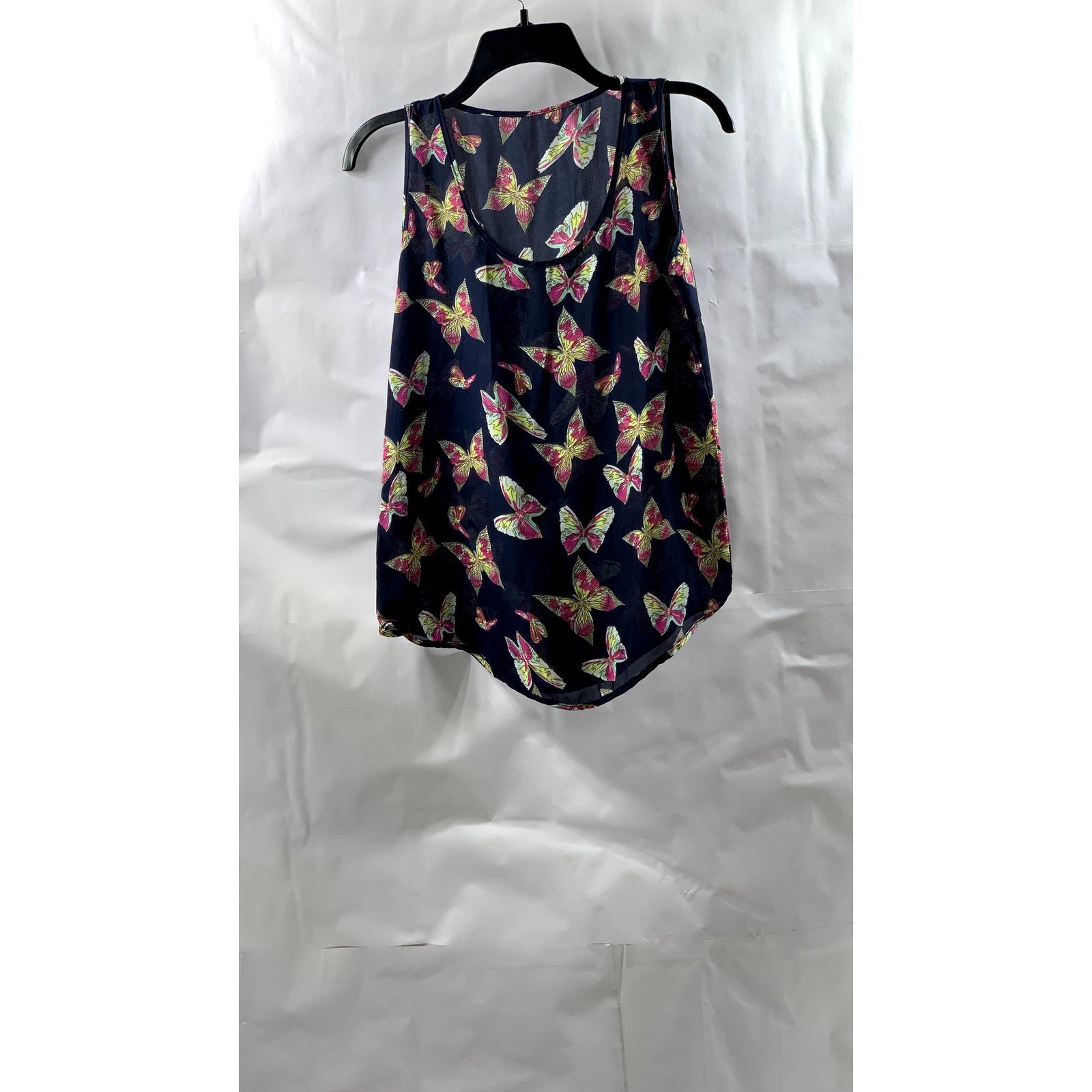 UNBRANDED Women’s Navy Sheer Scoop-Neck Butterfly Print Sleeveless Tank Top SZ S