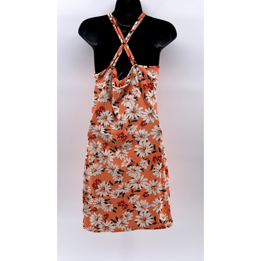 BUZZ Women's Orange Daisy Floral Scoop-neck Cross-Back A-Line Midi Dress SZ L