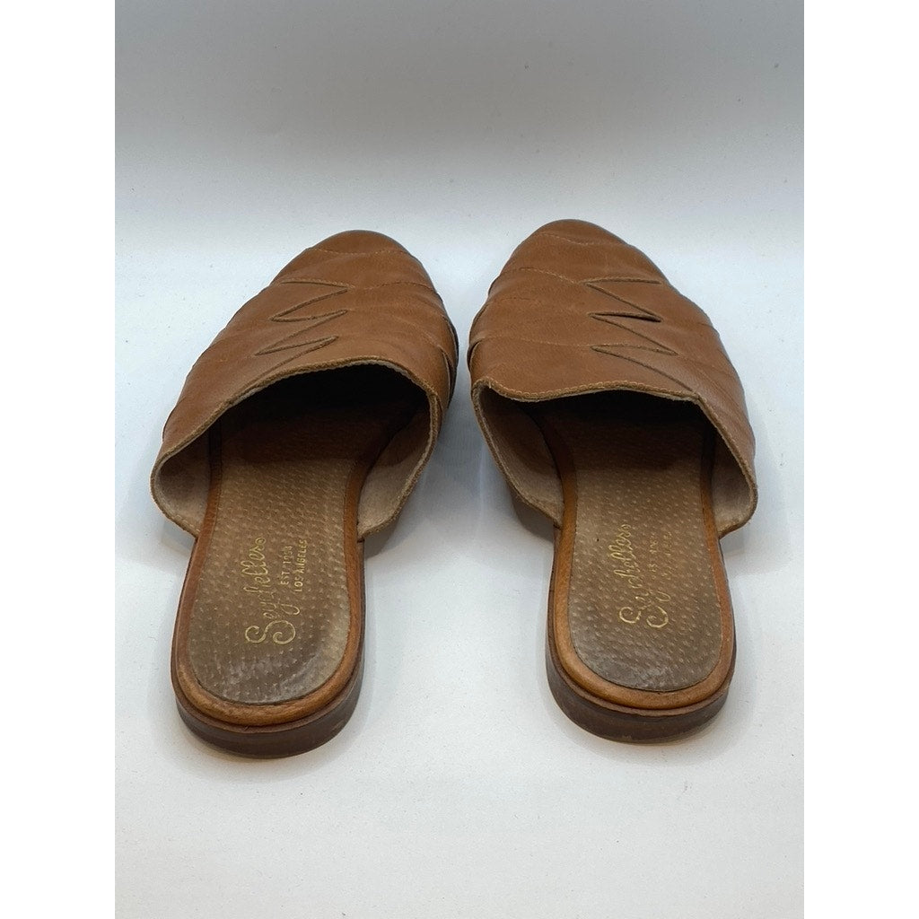 SEYCHELLES Women's Cognac Leather Almond-Toe Slip-On Flat Mule Shoes SZ 7.5