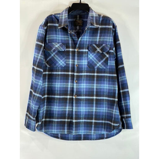 JACHS Men's Blue Plaid Heritage Flannel Button-Up Long Sleeve Shirt SZ L