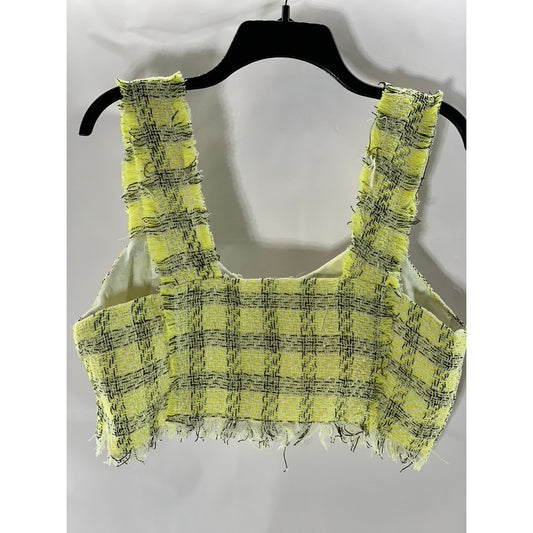 SHEIN Women's Yellow/Black Plaid Tweed Raw Cut Straight-Neck Crop Top SZ L