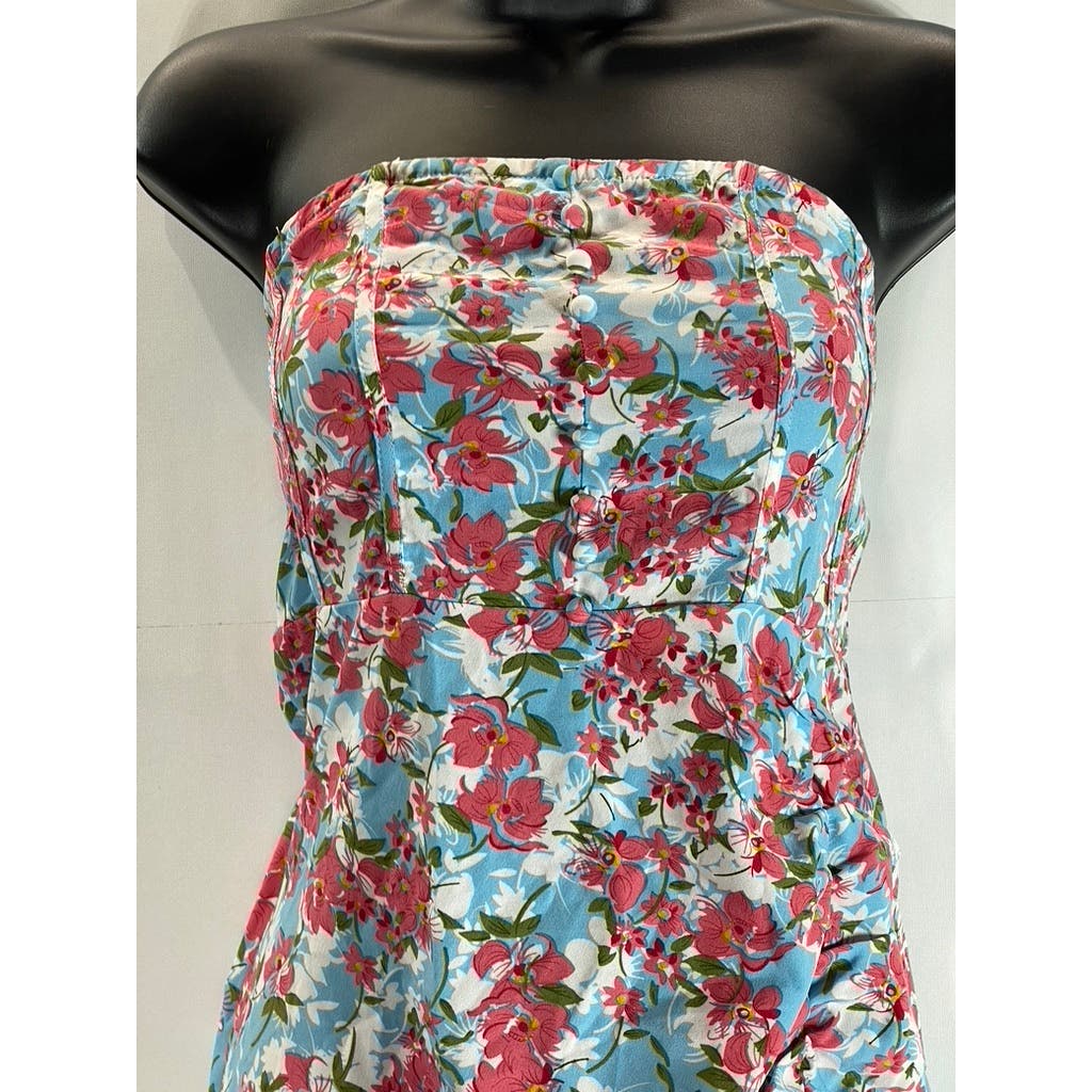 CIDER Women's Pink/Blue Floral Corset Strapless Asymmetrical-Hem Dress SZ S(US4)