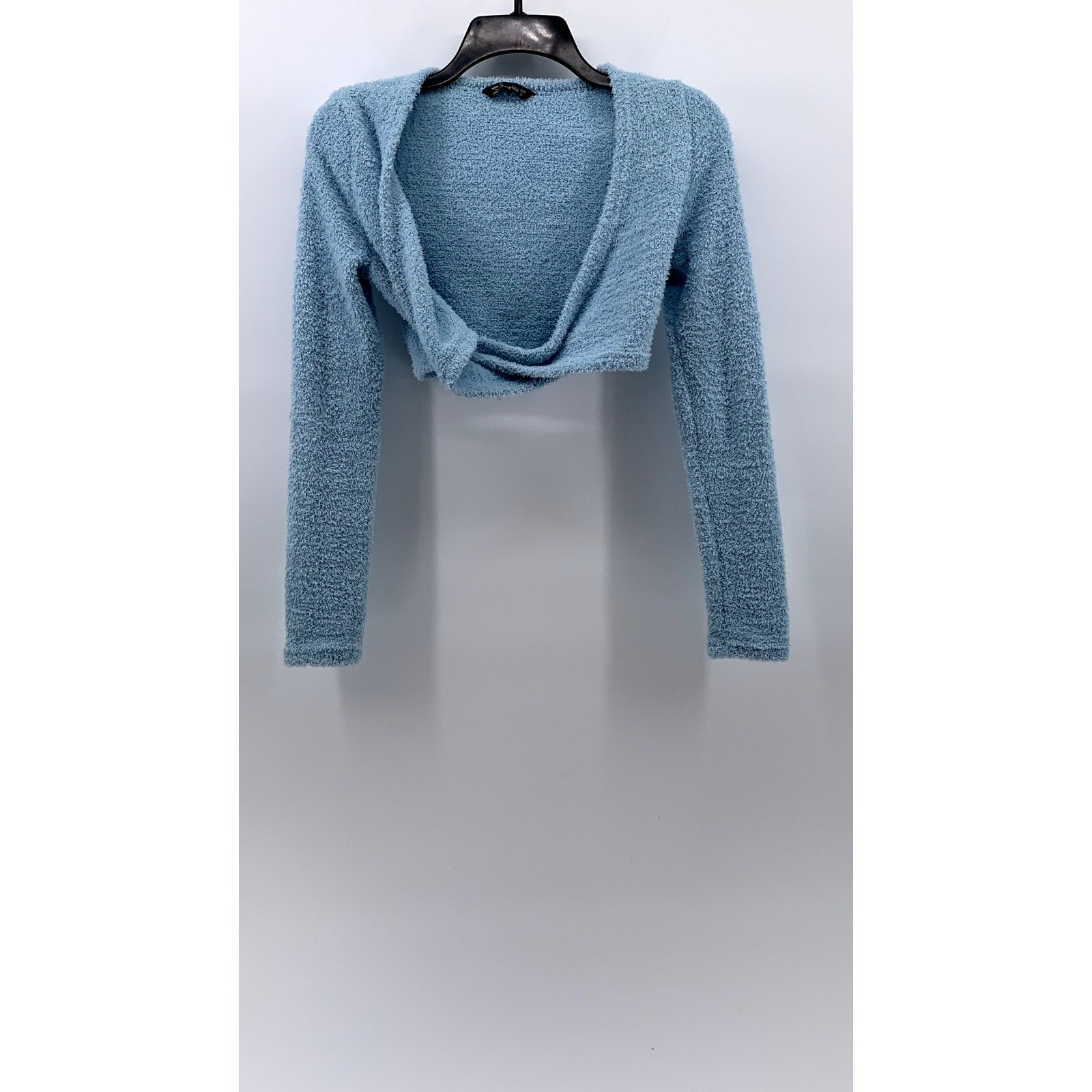 SIMPLEE Women's Blue Textured Long Sleeve Twist Front Crop Top SZ S