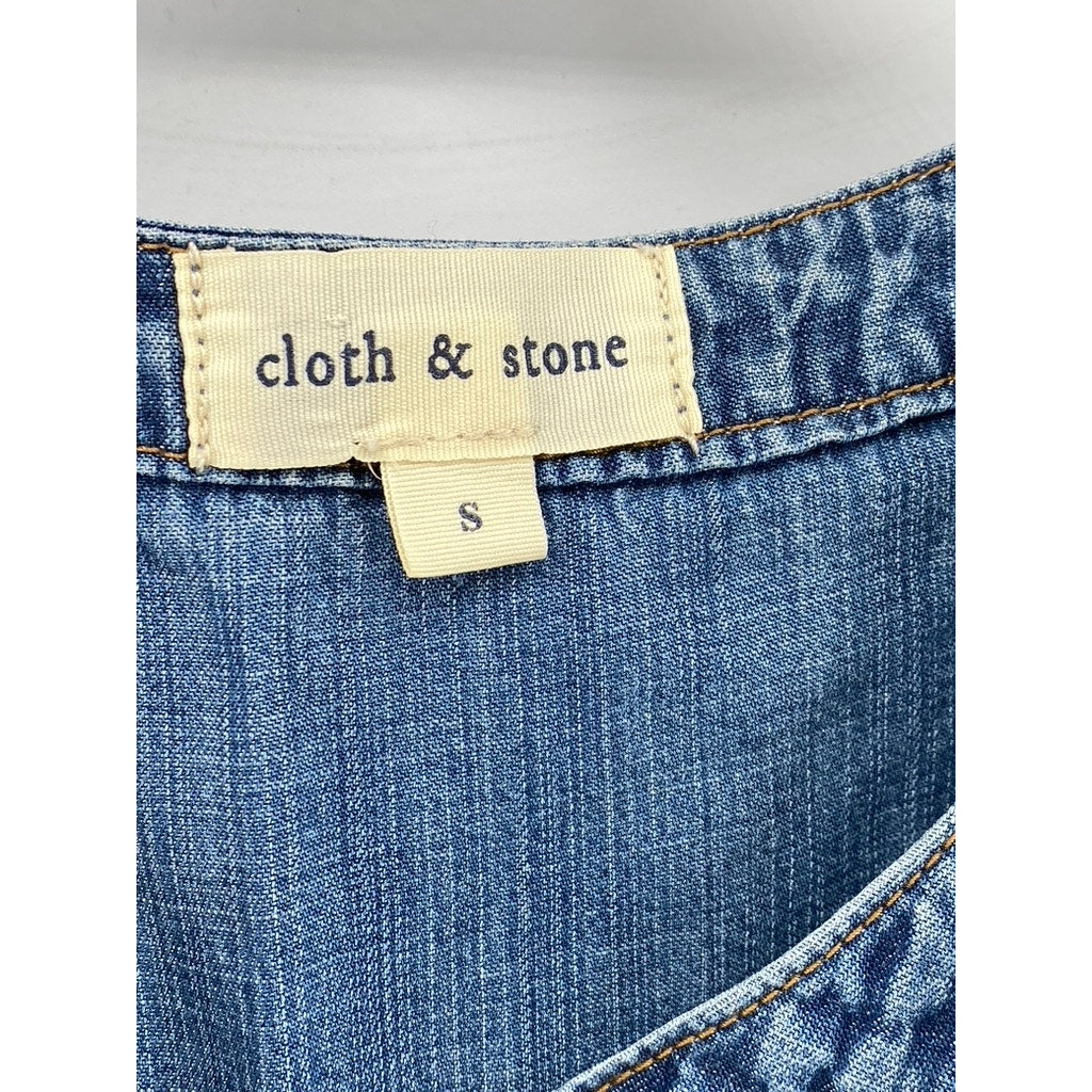 CLOTH & STONE Women's Blue Denim Collarless Long Sleeve Split-Neck Top SZ S