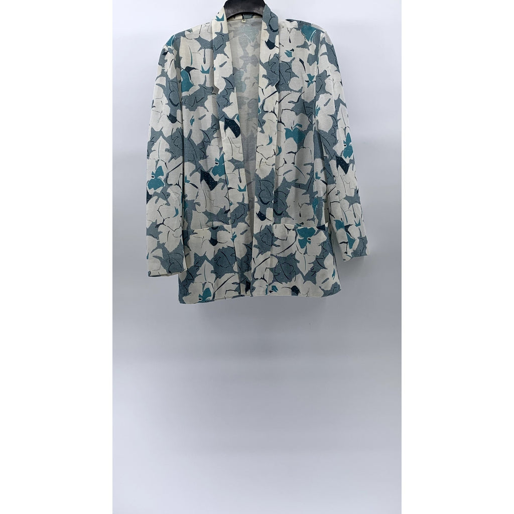 UNBRANDED Women's Blue-White Floral Print Open-Front Shawl Collar Blazer SZ L