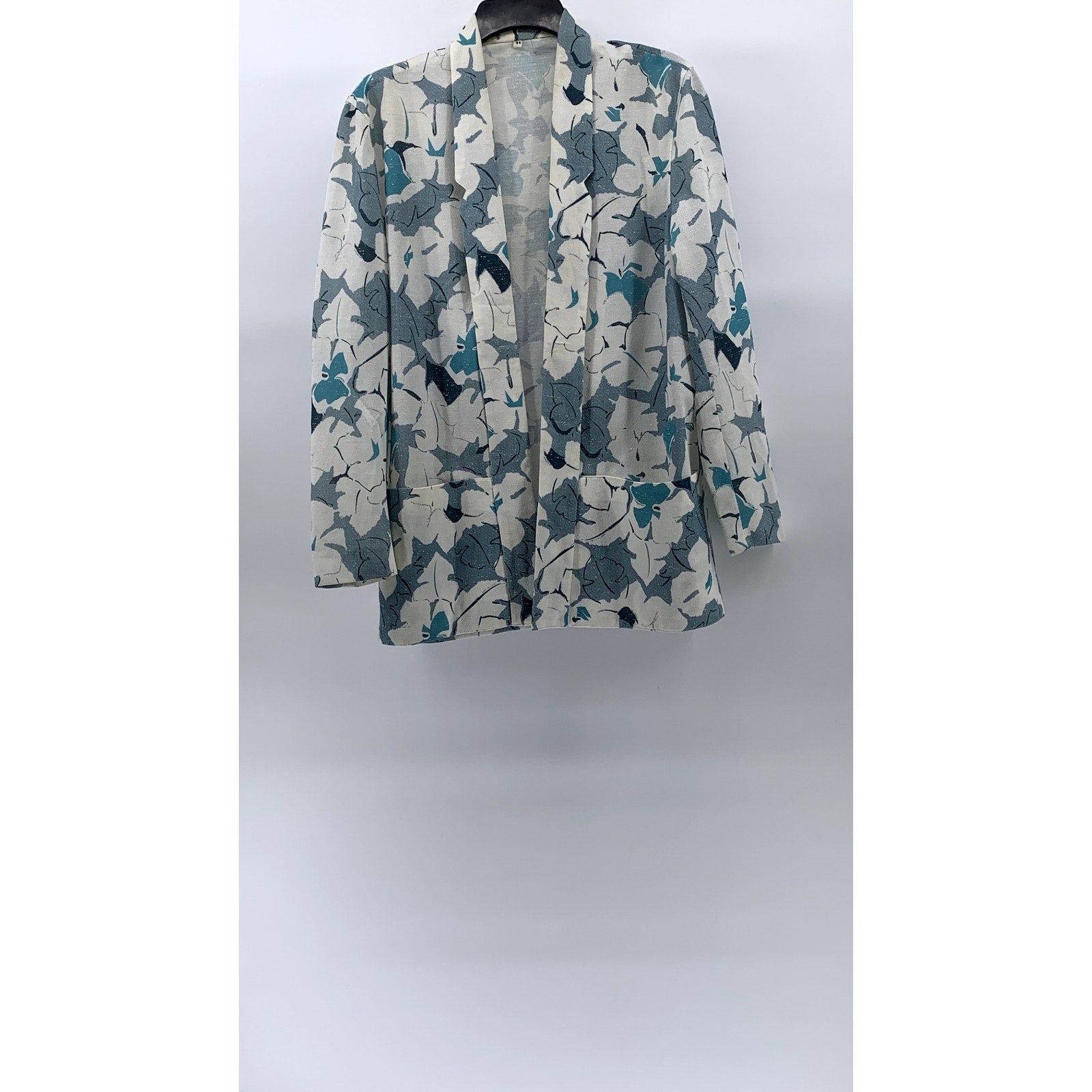 UNBRANDED Women's Blue-White Floral Print Open-Front Shawl Collar Blazer SZ L