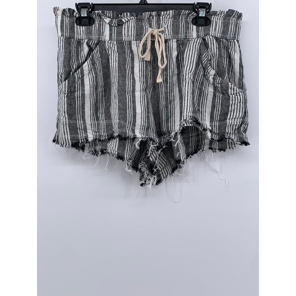 MADDEN GIRL Women's Black Striped Frayed-Hem Linen Blend Shorts SZ L