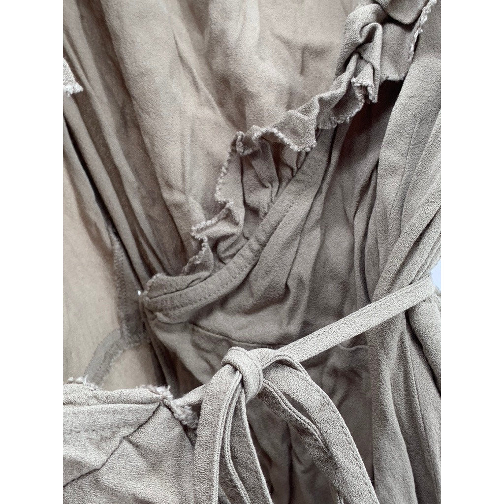 SUNDAY BEST Women's Light Brown Wrap Short Sleeve Ruffle Dress SZ 2XS