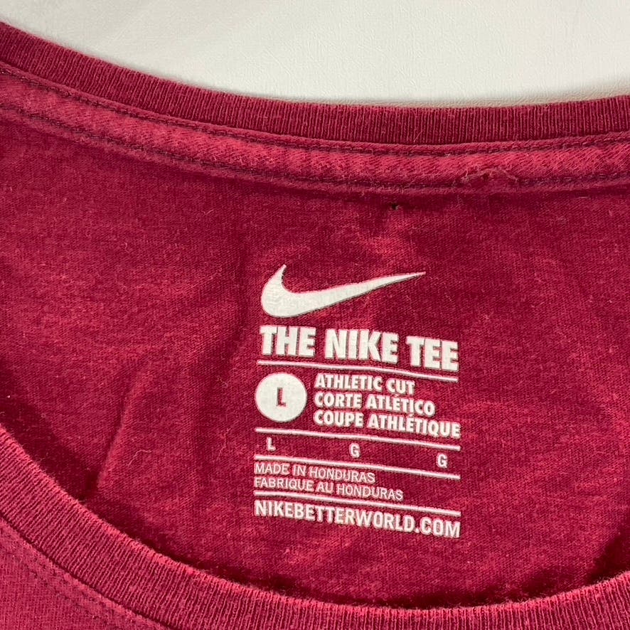 NIKE Women’s Burgundy Scoop-Neck Swoosh Logo Athletic Cut Short Sleeve Top SZ L
