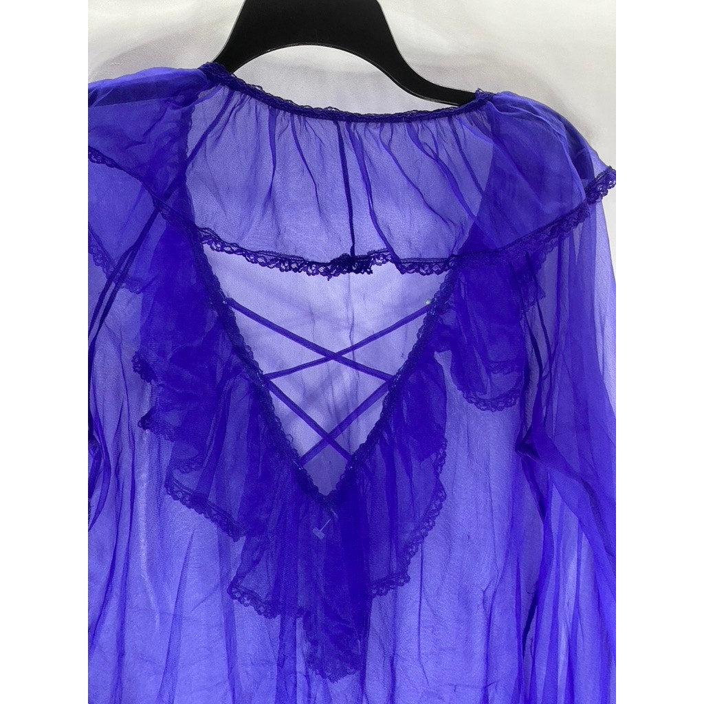 UNBRANDED Women’s Royal Blue Sheer V-Neck Lace-Up Ruffle Long Sleeve Top SZ M