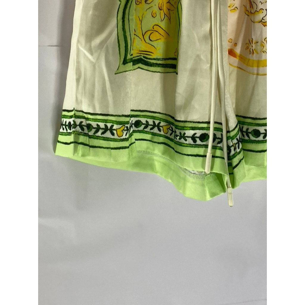 UNBRANDED Women's Green/Cream Print Drawstring Waist Pull-On Shorts SZ S