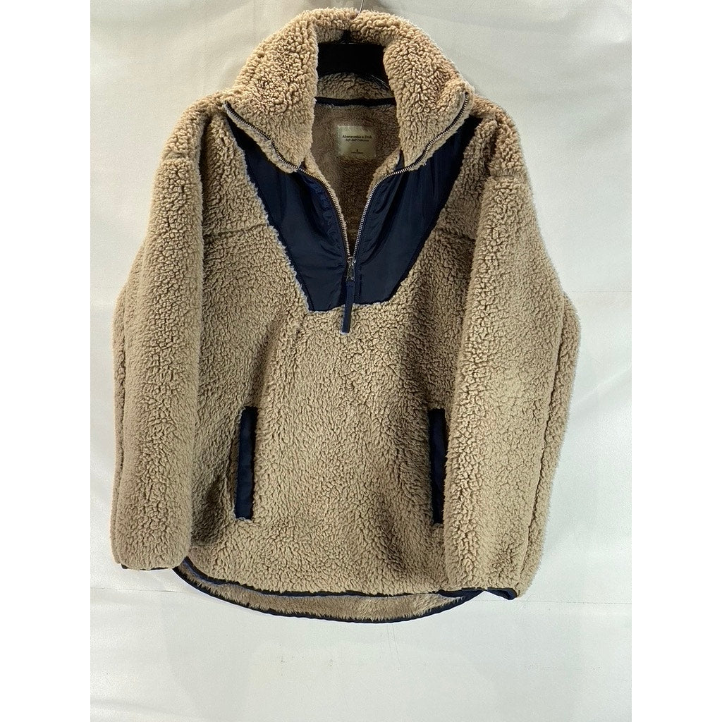 ABERCROMBIE & FITCH Women's Tan/Navy Faux Sherpa Quarter-Zip Sweater SZ S