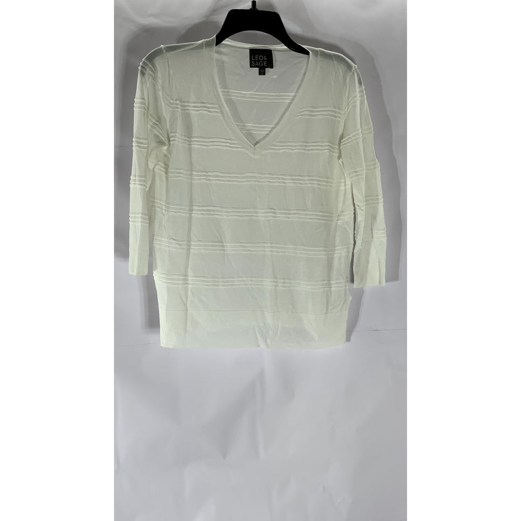 LEO & SAGE Women's White V-Neck Knit 3/4 Sleeve Top SZ M