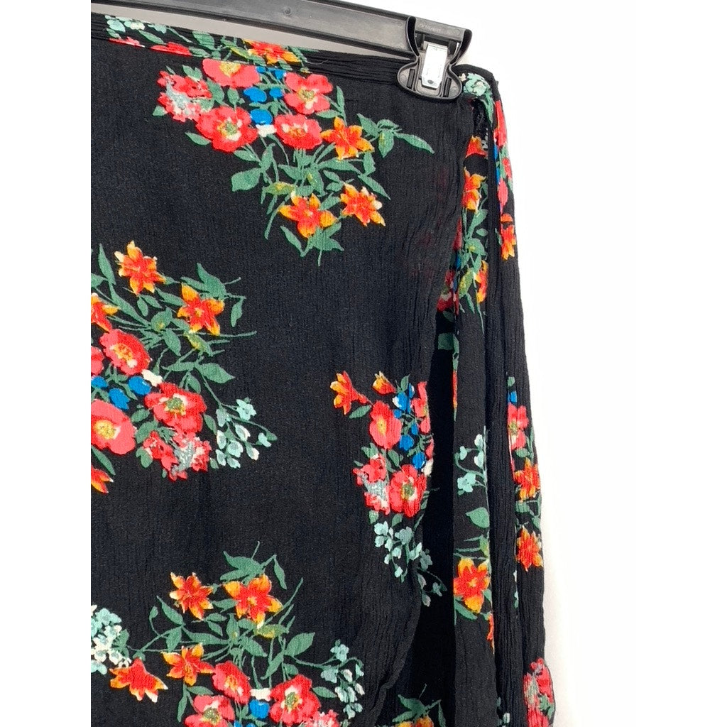 XHILARATION Women's Black Floral Textured Wrap Midi Skirt SZ S