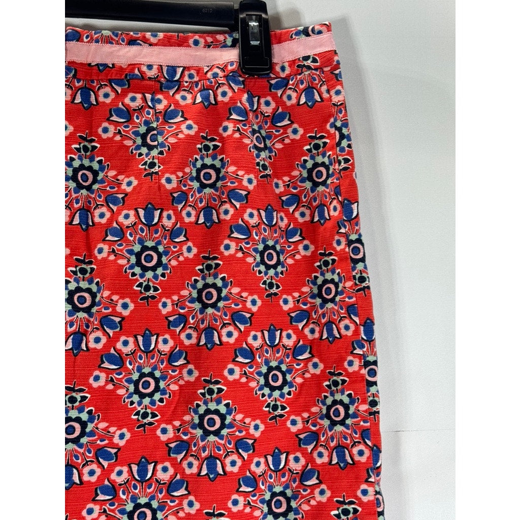 BODEN Women's Red/Blue Pop Floral Bouquet Print Knee Length Pencil Skirt SZ 10R