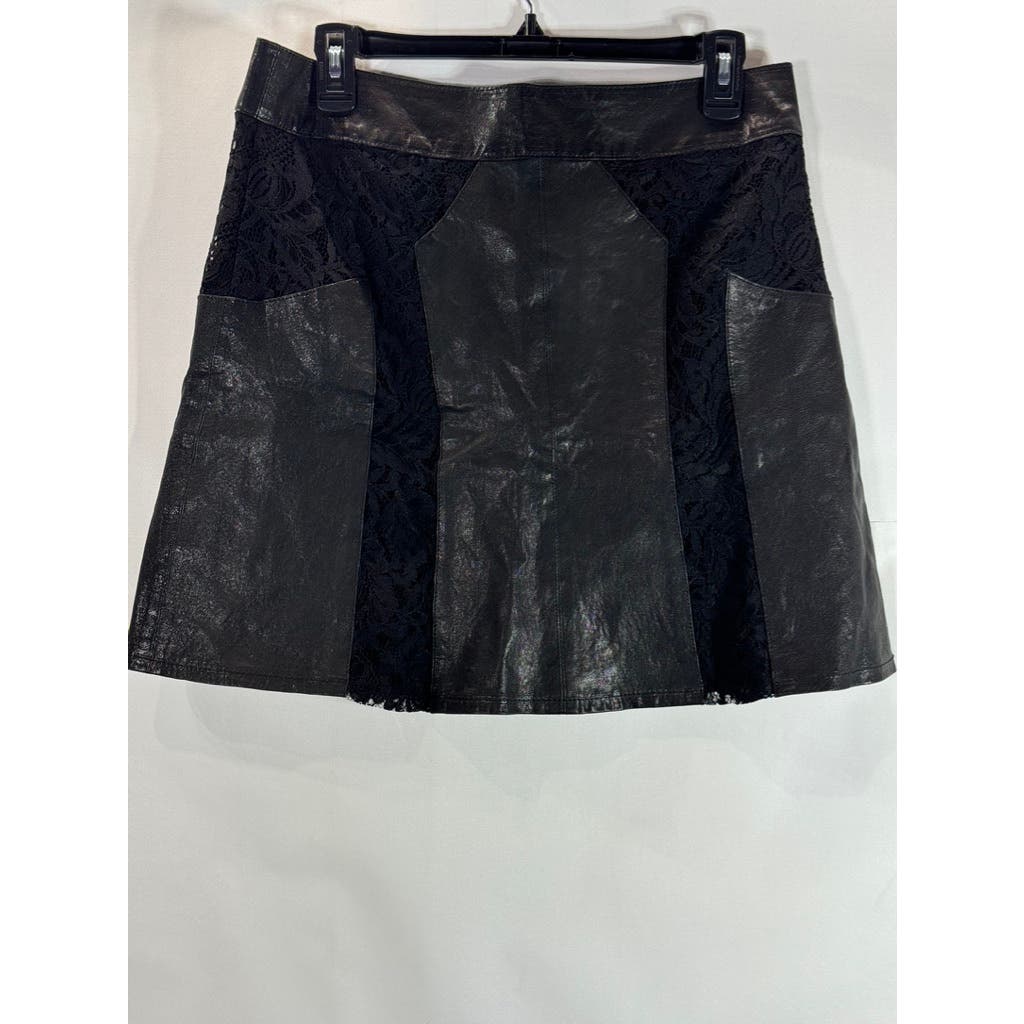 NANETTE LEPORE Women's Black Leather Lace Detail Back Button Mini Skirt SZ 8