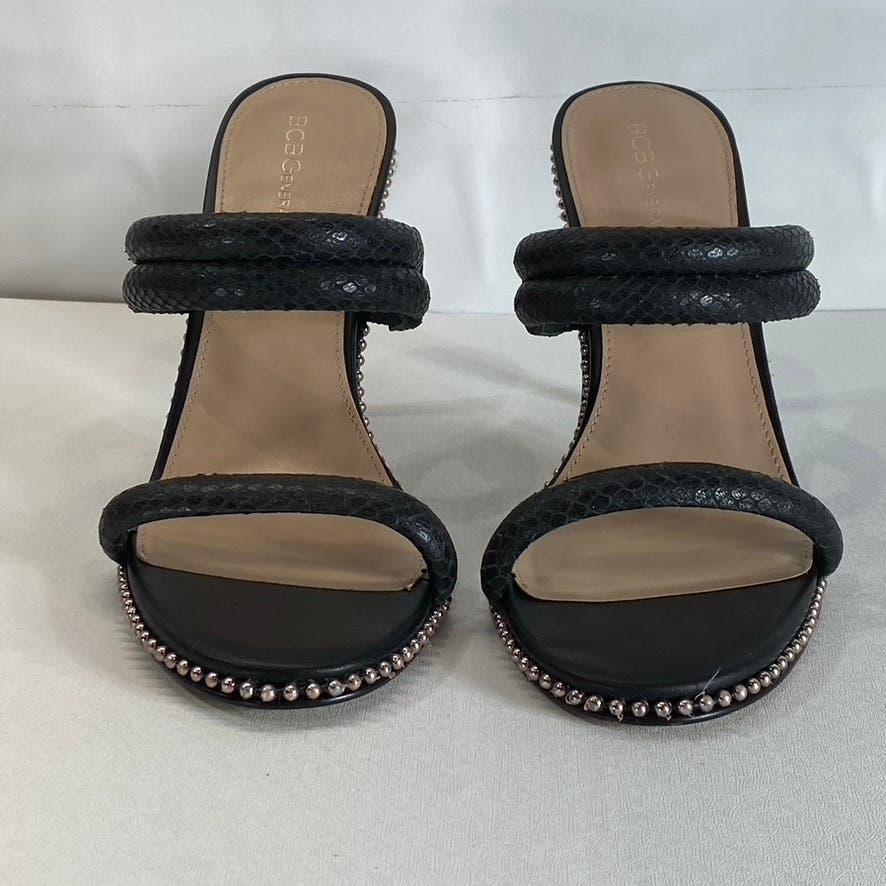 BCBGENERATION Women's Black Jenni Snake Embossed Stone Trim Stiletto Sandal SZ10