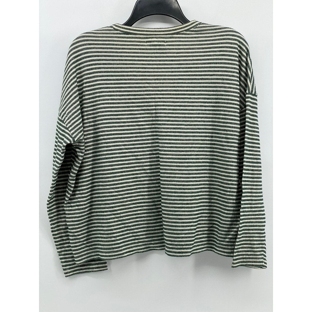 MADEWELL Women's Green-White Striped Crewneck Long Sleeve Knit Sleep Top SZ M