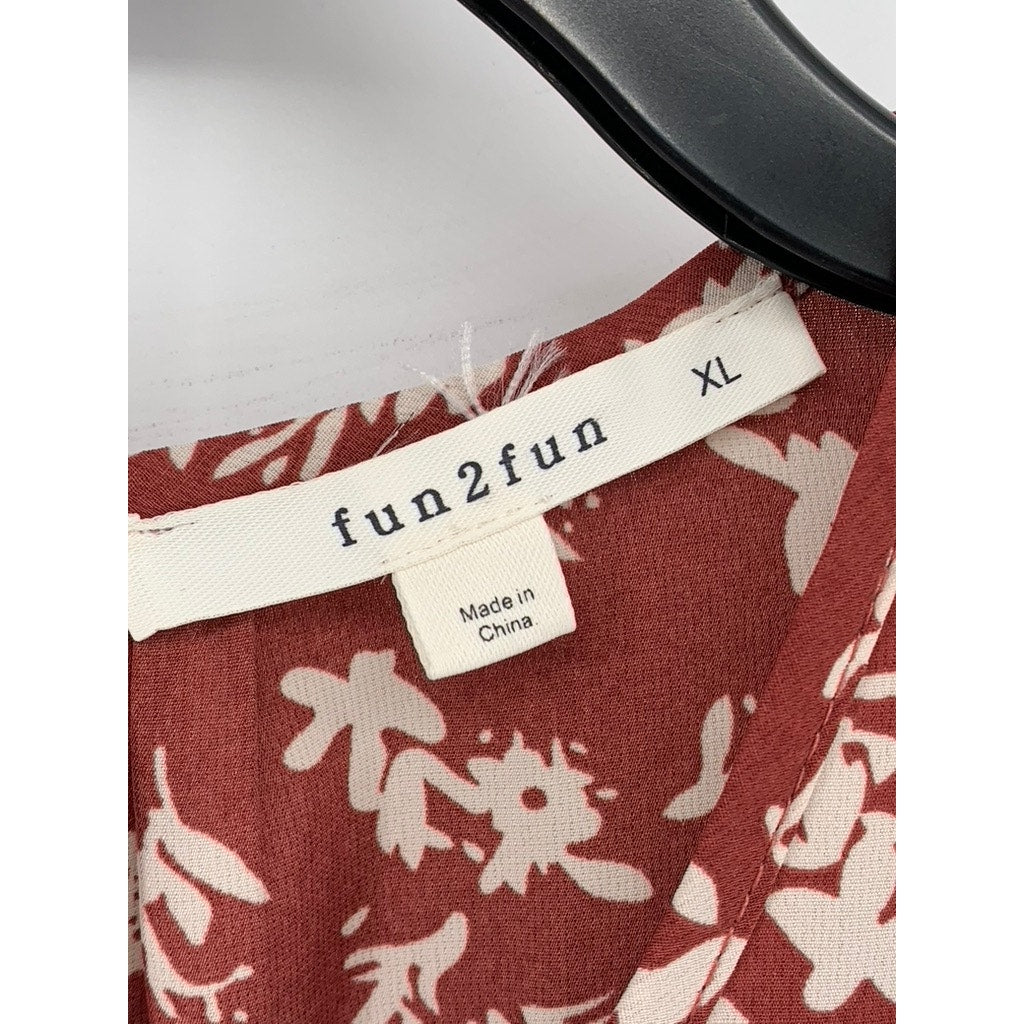 FUN 2 FUN Women's Burnt Orange Kaden Floral Pleated Short Sleeve Top SZ XL