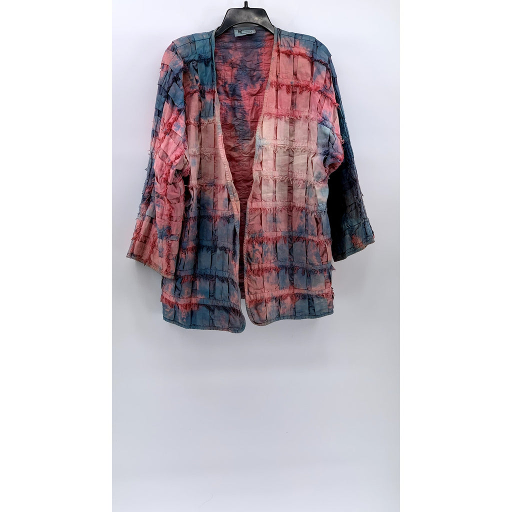 YAKMAGIK Women's Blue-Pink Textured Fringe Long Sleeve Open-Front Shirt SZ OS