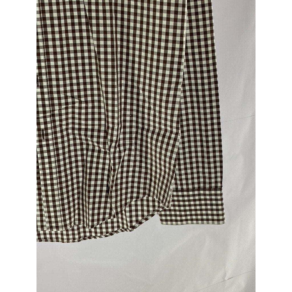 ZARA Men's Brown-White Gingham Print Slim-Fit Button-Up Long Sleeve Shirt SZ M