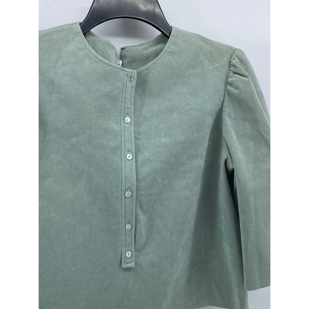 JOAN LESLIE BY KASPER Women's Mint Green Suede Button-Front Puff-Sleeve Top SZ S