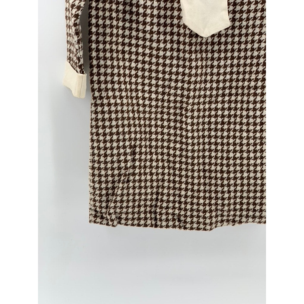 UNBRANDED Women's Brown-Cream Houndstooth Prairie Long Sleeve Sheath Dress SZ S