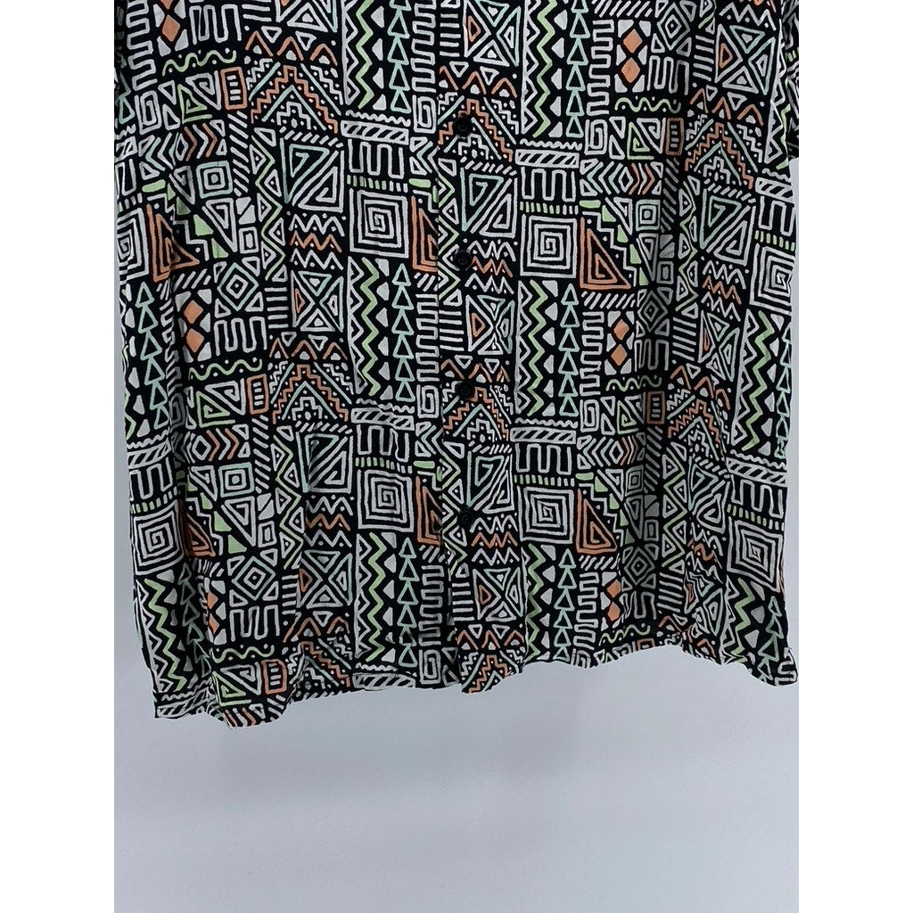 PACSUN Men’s Black-Multi Aztec Button-Up Regular-Fit Short Sleeve Shirt SZ L