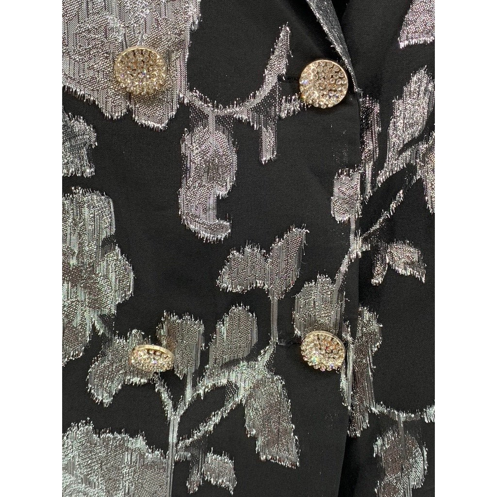 A.PEACH Women's Black-Silver Printed Double-Button Notch Collar Blazer SZ S