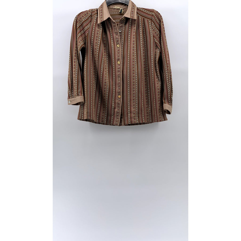 WEIDE Women's Vintage Brown Printed Button-Up Long Sleeve Top SZ S