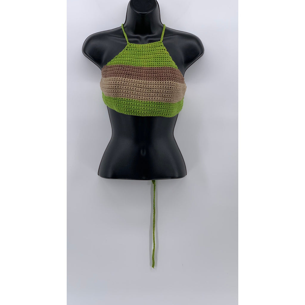 UNBRANDED Women's Green-Brown Crochet Knit Halter Open-Back Crop Top SZ M