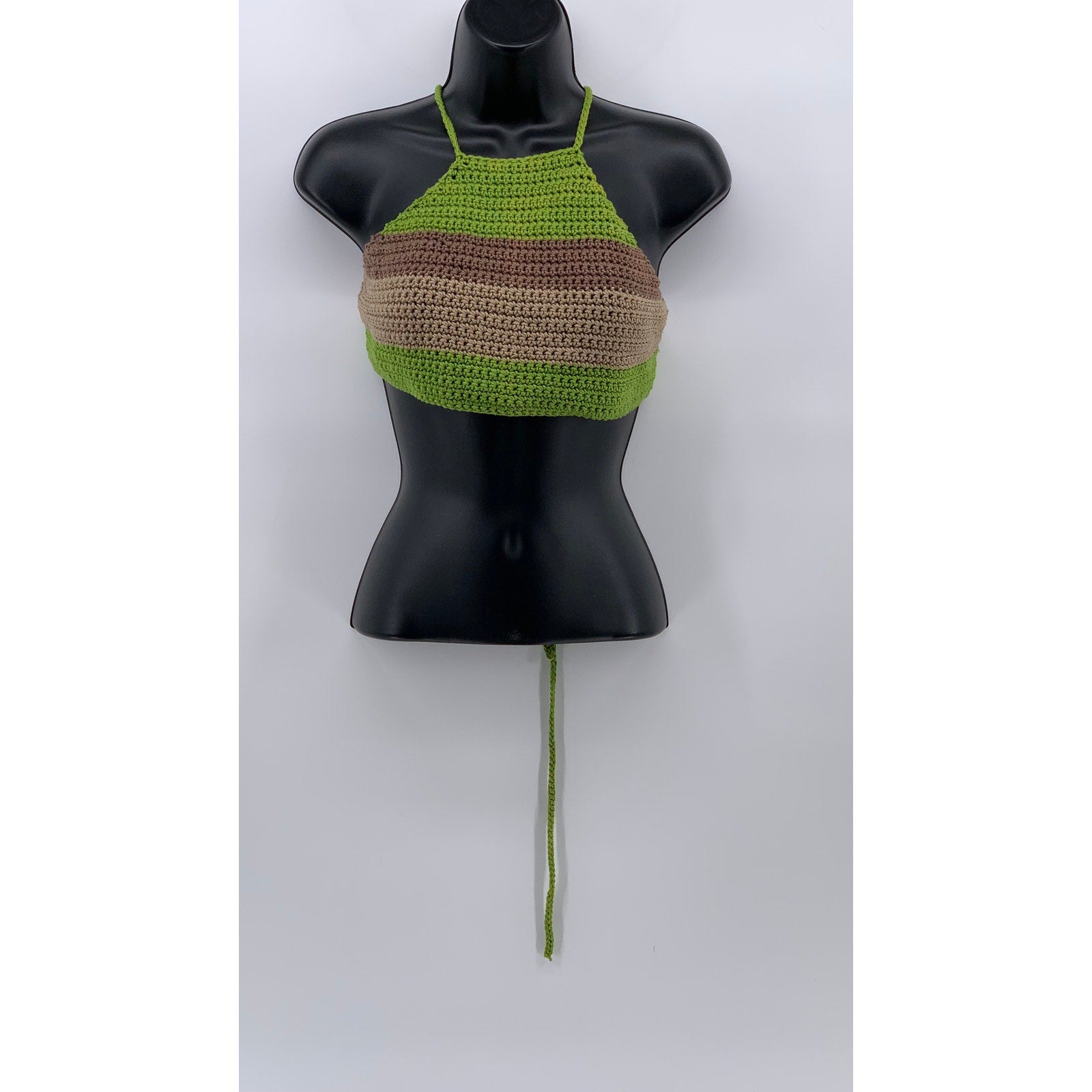 UNBRANDED Women's Green-Brown Crochet Knit Halter Open-Back Crop Top SZ M