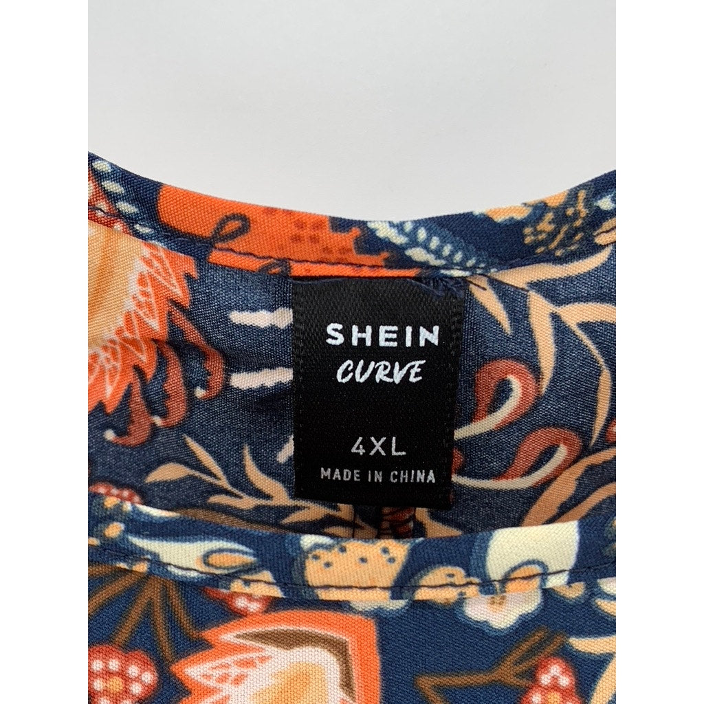 SHEIN CURVE Women's Navy-Orange Printed Short Sleeve Dress SZ 4XL
