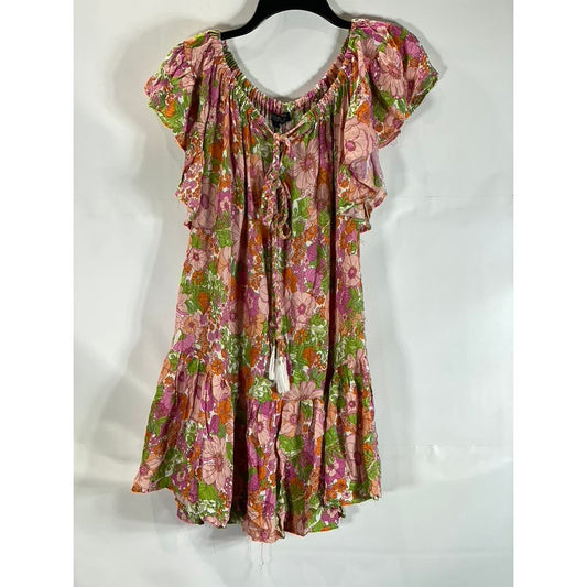 RACHEL ZOE Women's Green/Pink Floral Print Ruffle Belted Mini Dress SZ S