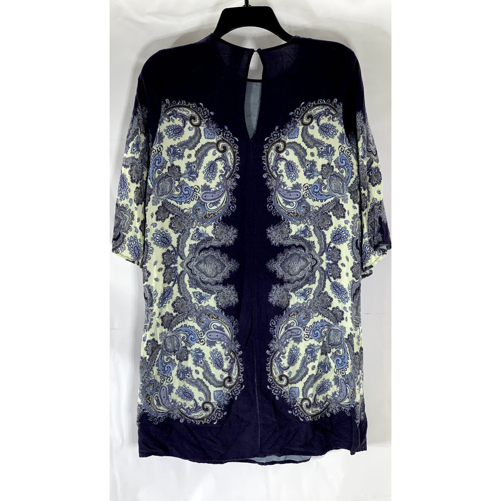 H&M Women's Blue Paisley Print Crewneck Short Sleeve Back Keyhole Dress SZ 2