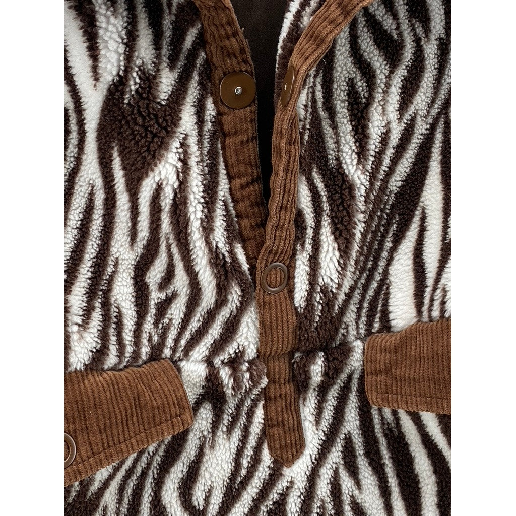 HOUSE OF SUNNY Women’s Brown-Cream Zebra Print Half-Button Teddy Sweater SZ 4