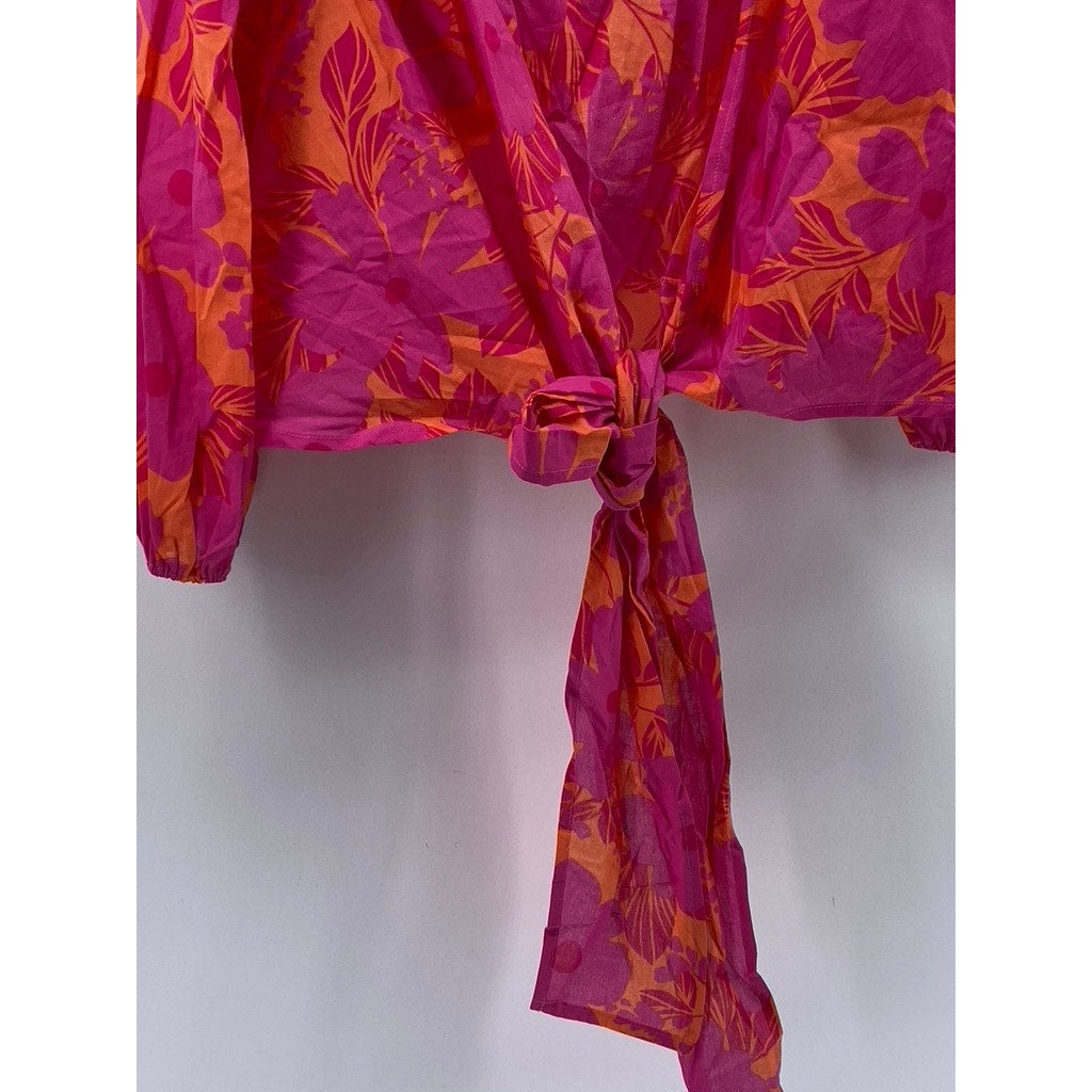 OLIVACEOUS Women's Orange-Pink Floral Puff Long Sleeve Tie-Front Top SZ S