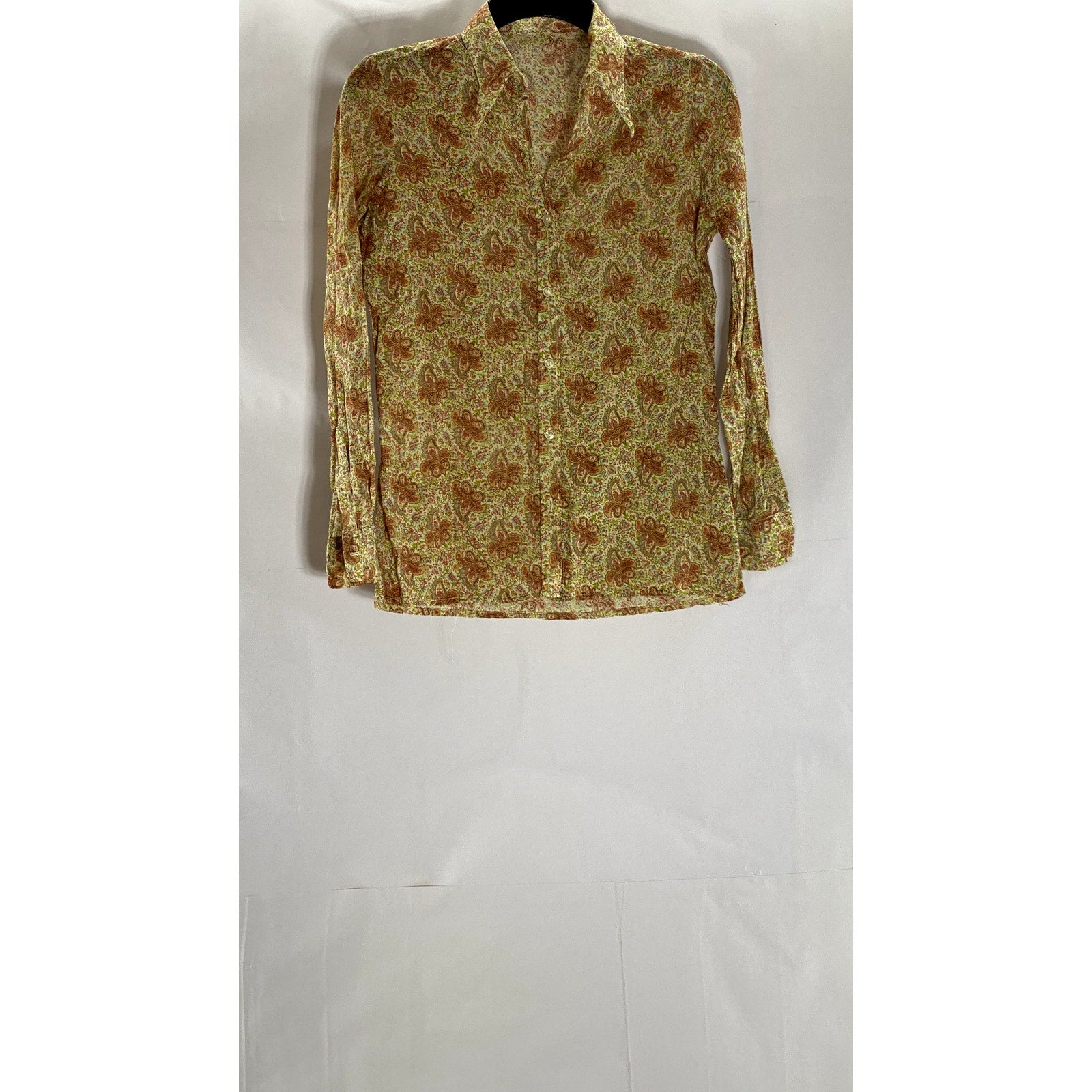 UNBRANDED Women's Tan Paisley Printed Button-Up Long Sleeve Top SZ S