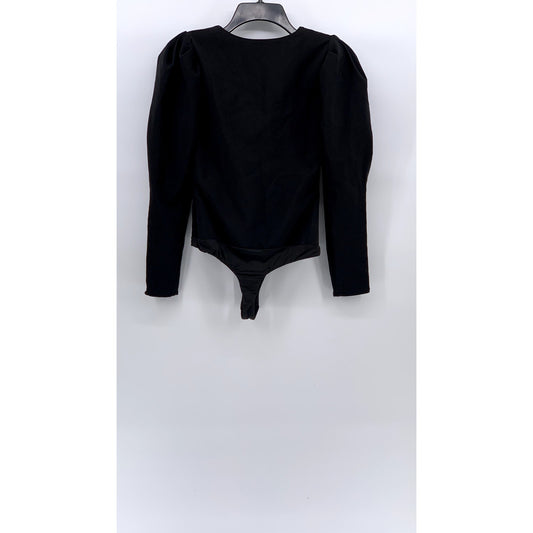 ASTR THE LABEL Women's Black Long Puff Sleeve V-Neck Thong Bodysuit SZ XS