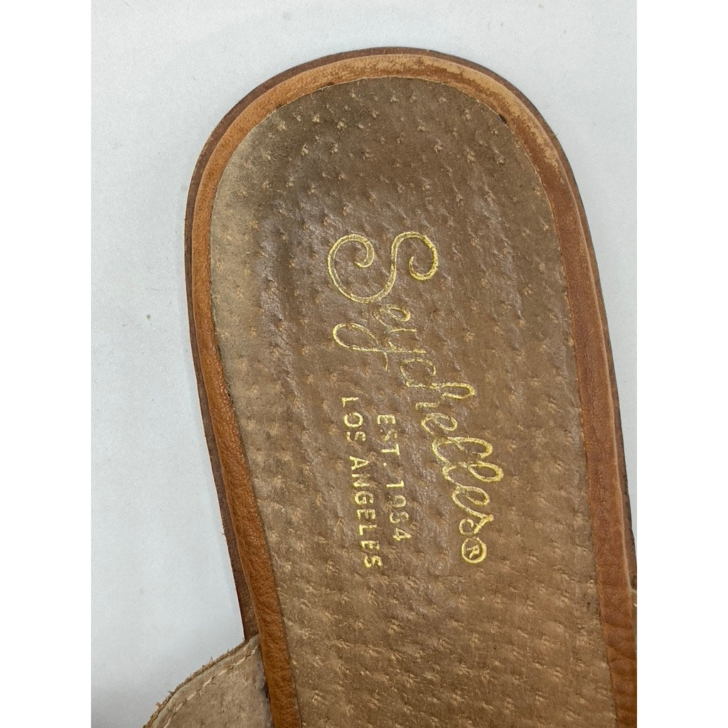 SEYCHELLES Women's Cognac Leather Almond-Toe Slip-On Flat Mule Shoes SZ 7.5
